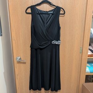 Connected Apparel Elegant Black Midi Dress with Beaded Accent